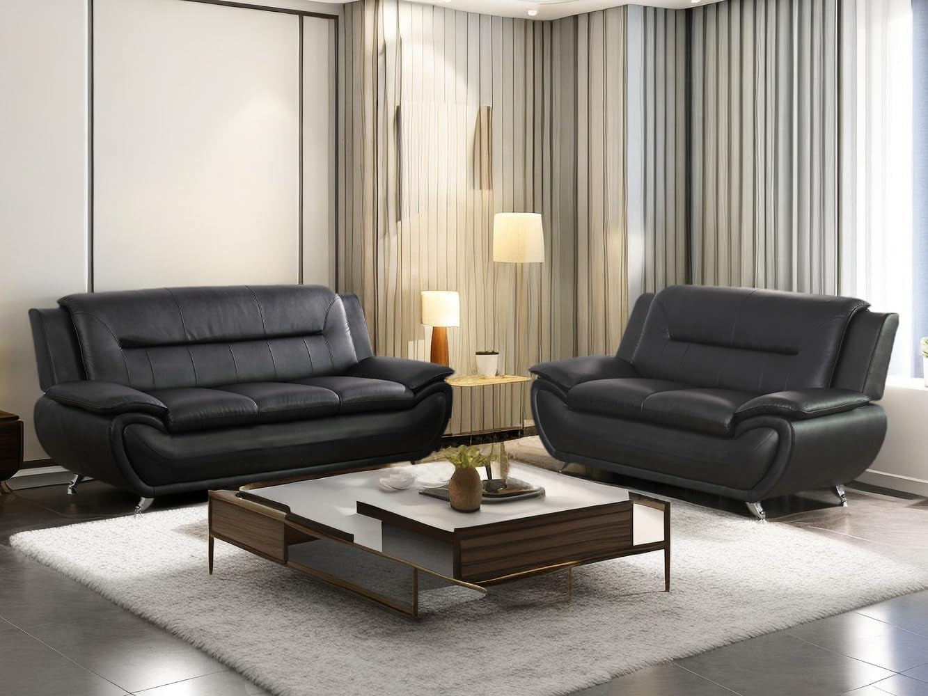 Leather Couches for Living Room, Living Room Couch Set, Sofa for Bedroom, Apartment, Living Room Furniture Sets (B-Leather Black, Sofa+Loveseat)-0