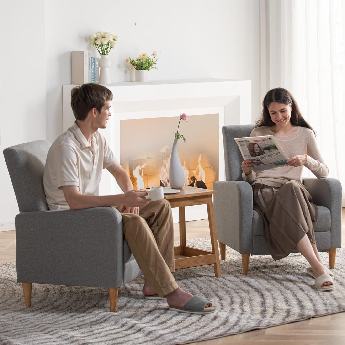 Grey Fabric Accent Chairs Set Of 2 Upholstered Wood Legs-2