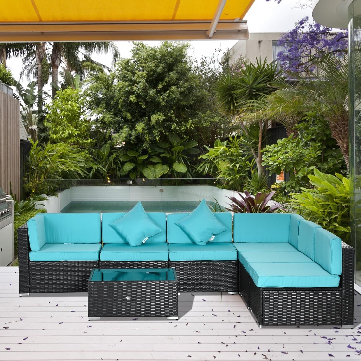 Turquoise Seven-Piece Outdoor Wicker Sectional Sofa Set-1