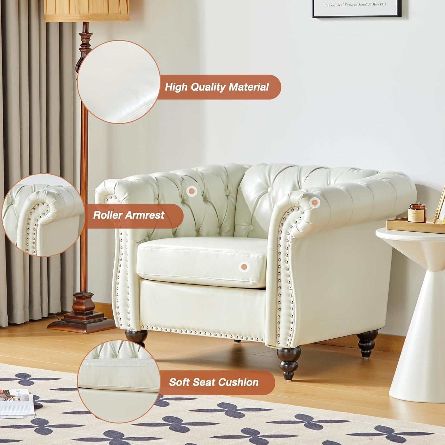 2 Piece Living Room Set, Chesterfield Faux Leather Sofa Couch Chair with Scroll Arms and Nailhead for Living Room, Office (White)-3