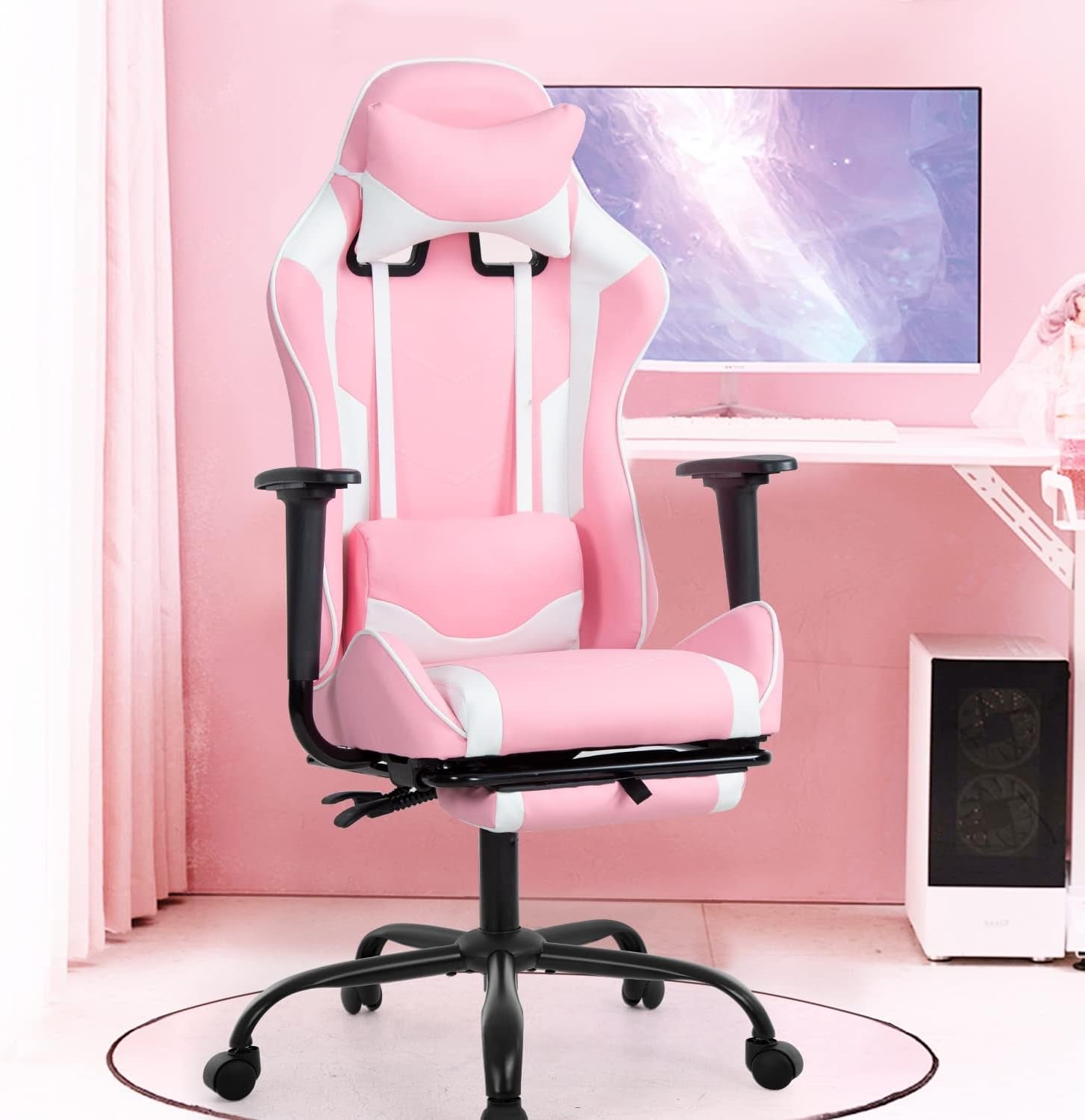 PC Gaming Chair Desk Chair Ergonomic Office Chair Executive High Back PU Leather Racing Computer Chair with Lumbar Support Footrest Modern Task Rolling Swivel Chair for Women Men Girls Adults, Pink-1