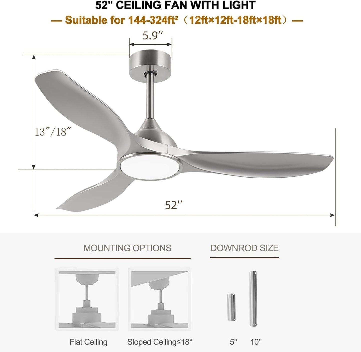52 Inch Quiet DC Motor 6 Speed High CFM Modern Ceiling Fan with Lights Remote Control, 3 Blade Indoor Silver Ceiling Fan for Bedroom, Office, Living Room-2