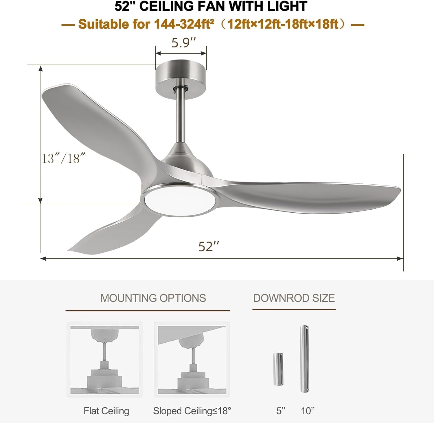 52 Inch Quiet DC Motor 6 Speed High CFM Modern Ceiling Fan with Lights Remote Control, 3 Blade Indoor Silver Ceiling Fan for Bedroom, Office, Living Room-2