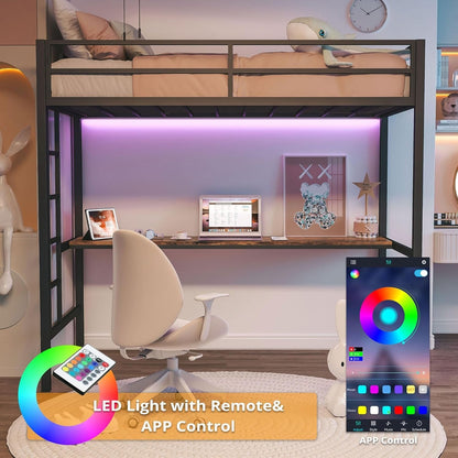 Loft Bed Twin Size with Desk, Metal Loft Bed Frame with Power Outlet and LED Lighted, Space-Saving, Noise Free, Black-2