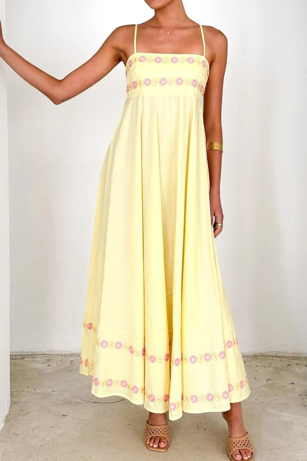 Floral Embroidered Spaghetti Strap Maxi Dress, Blue, Pink or Yellow  SM/MED/LG
