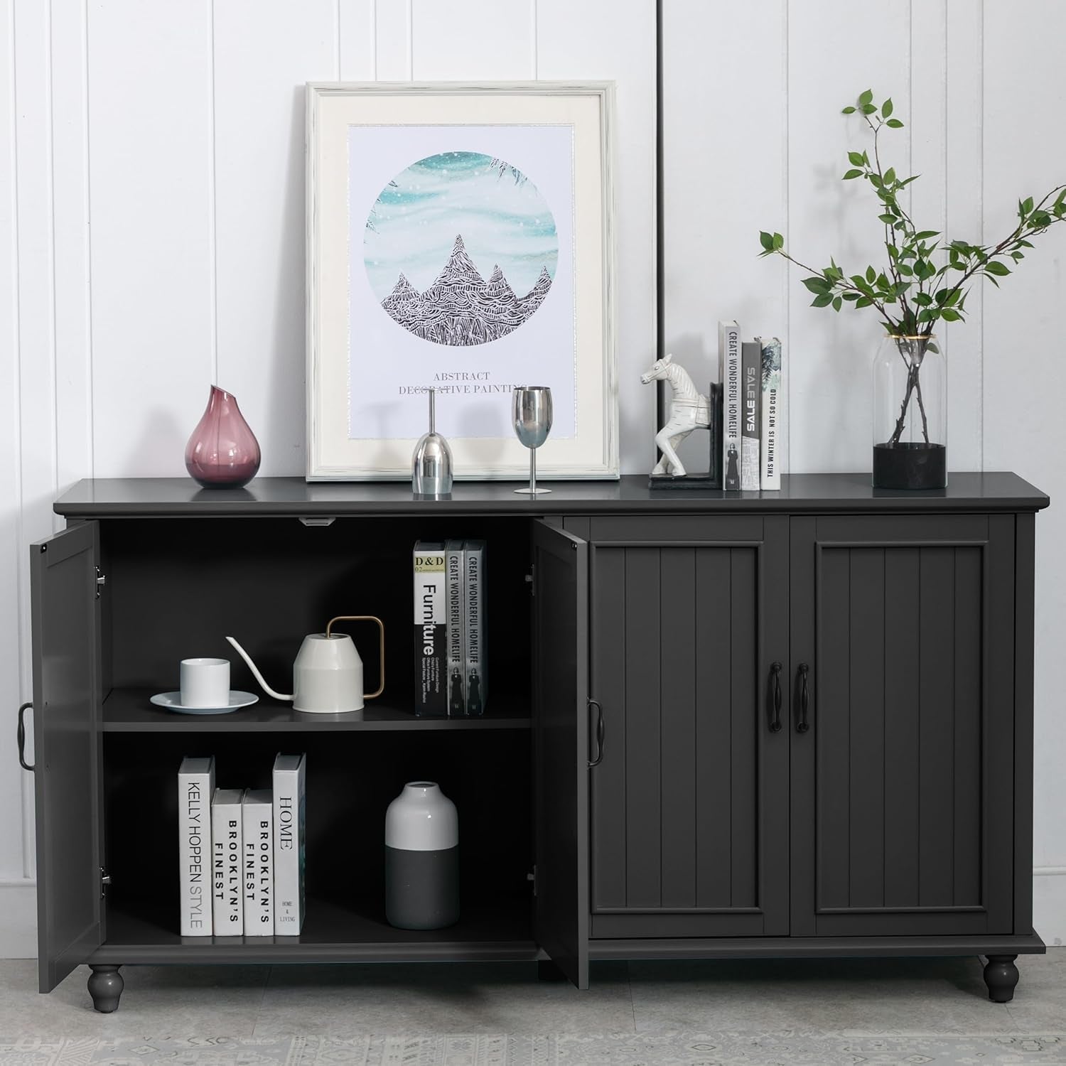 Black 62 Inch Coffee Bar Cabinet With Storage Four Door-4