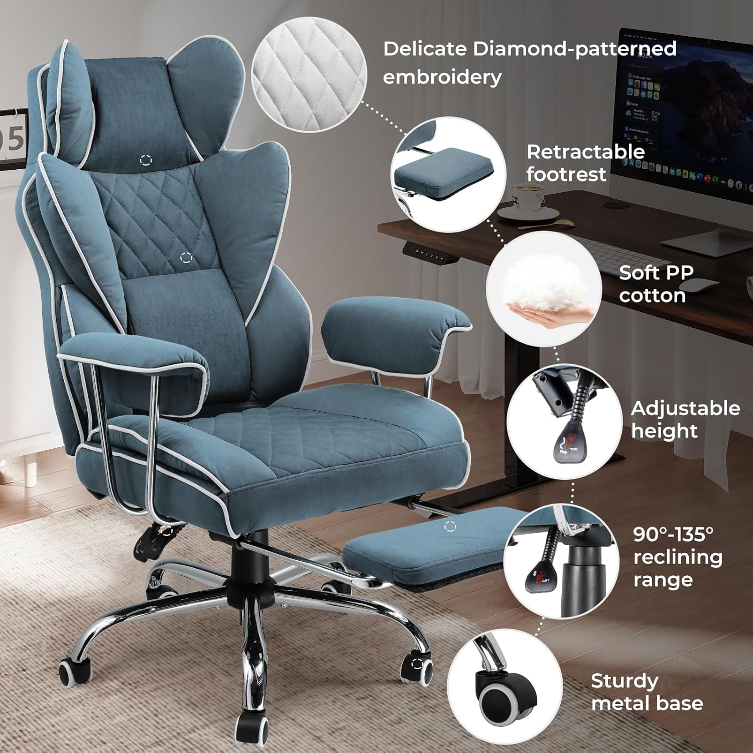 Big and Tall Gaming Chair with Pocket Spring Lumbar Support, Ergonomic Office Chair with Footrest, Executive Desk Chair with Outward Fixed Soft Armrests, Computer Chair with High Back, Blue-4