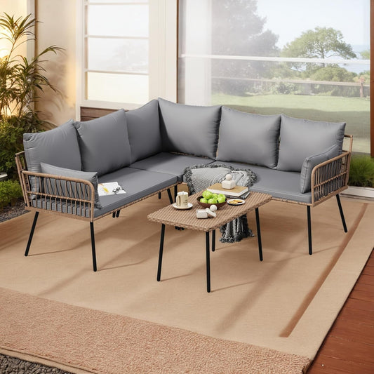 Patio Furniture Set, 4 Pieces Wicker Outdoor Conversation Set Sectional L-Shaped Sofa with 5 Seater for Backyard, Porch, Boho Detachable Lounger with Cushions and Side Table - Grey-0
