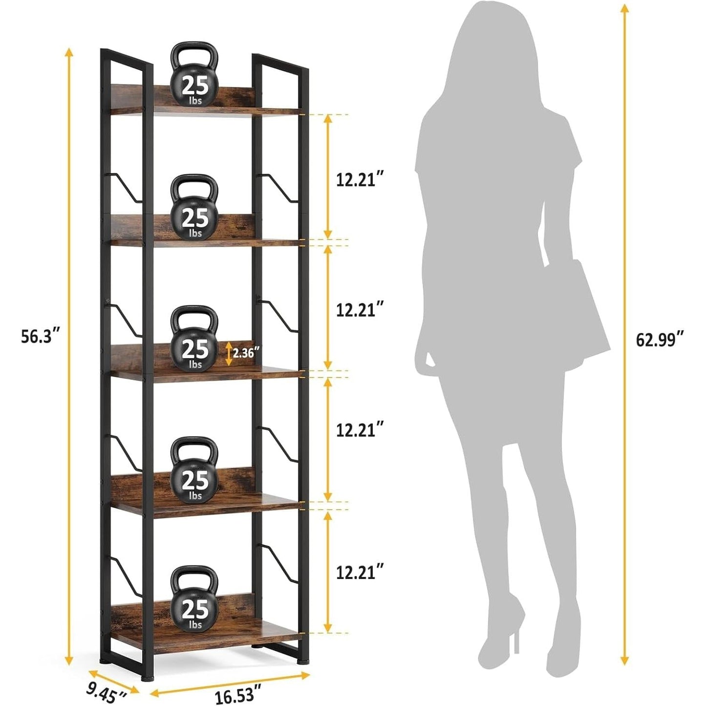 Book Shelf Small Bookshelf: 3-Tier Wood Bookcase Industrial Bookshelf with Edge Protection Metal Narrow Bookshelves Storage Organizer Display Rack for Bedroom (Rustic Brown, 5-Tier)-2