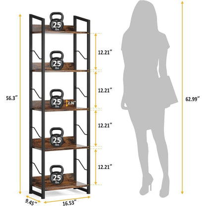 Book Shelf Small Bookshelf: 3-Tier Wood Bookcase Industrial Bookshelf with Edge Protection Metal Narrow Bookshelves Storage Organizer Display Rack for Bedroom (Rustic Brown, 5-Tier)-2