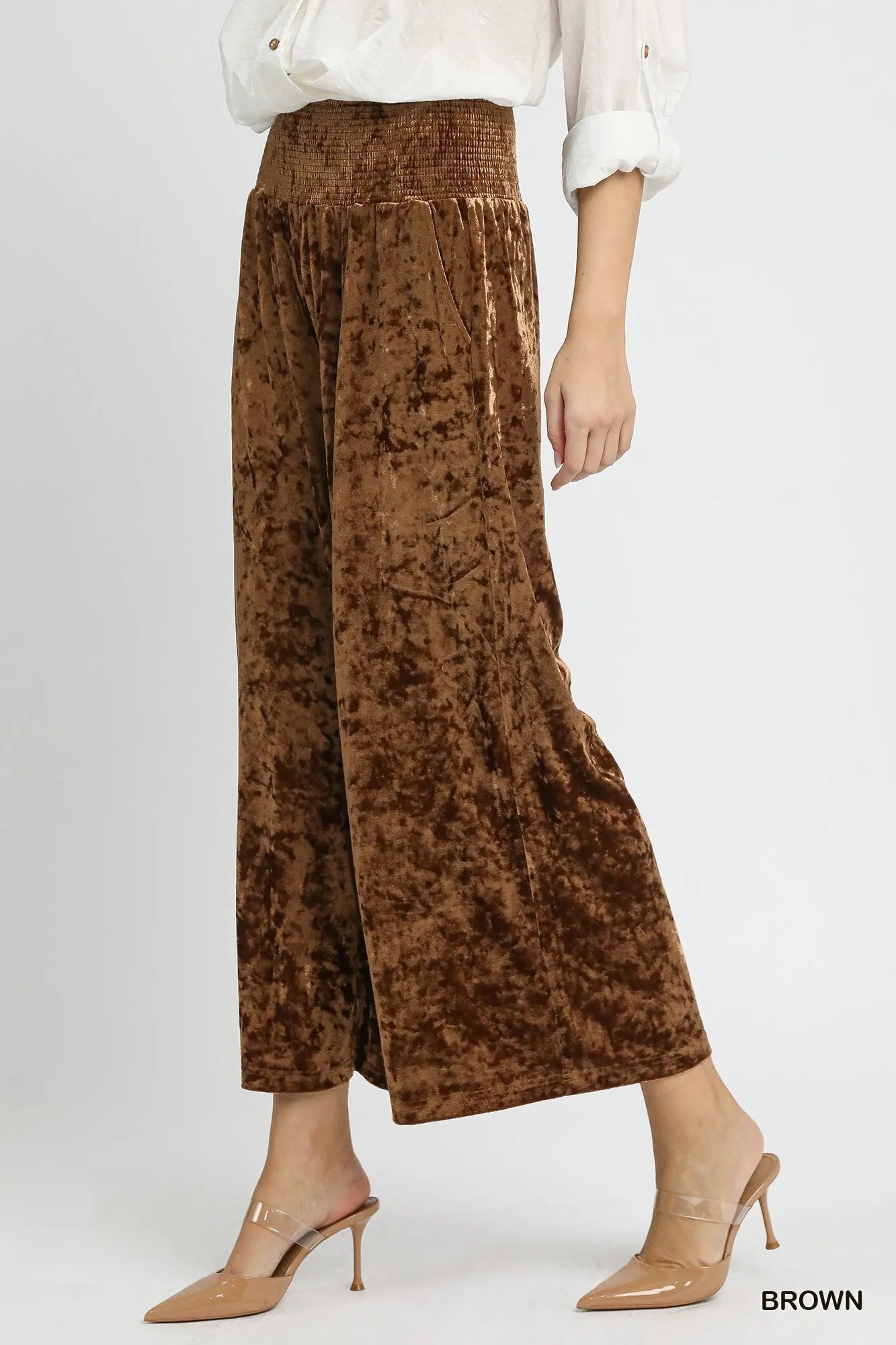 Umgee Velvet Smocked Waistband Wide Leg Pants