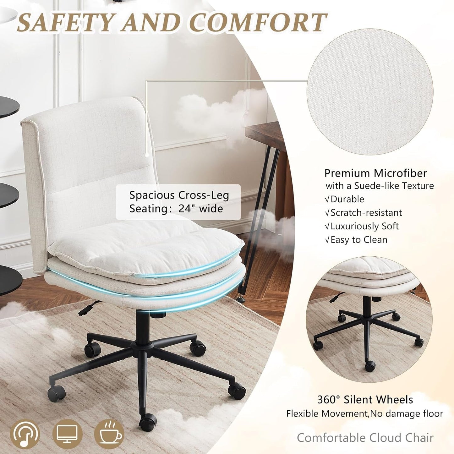 Cloud Criss Cross Legged Chair,18" High Back Armless Home Office Desk Chair with Wheels,Wide Adjustable Comfy Padded Seat Task Computer Chair,Modern Swivel Makeup Vanity Chair,Fabric,Beige-3