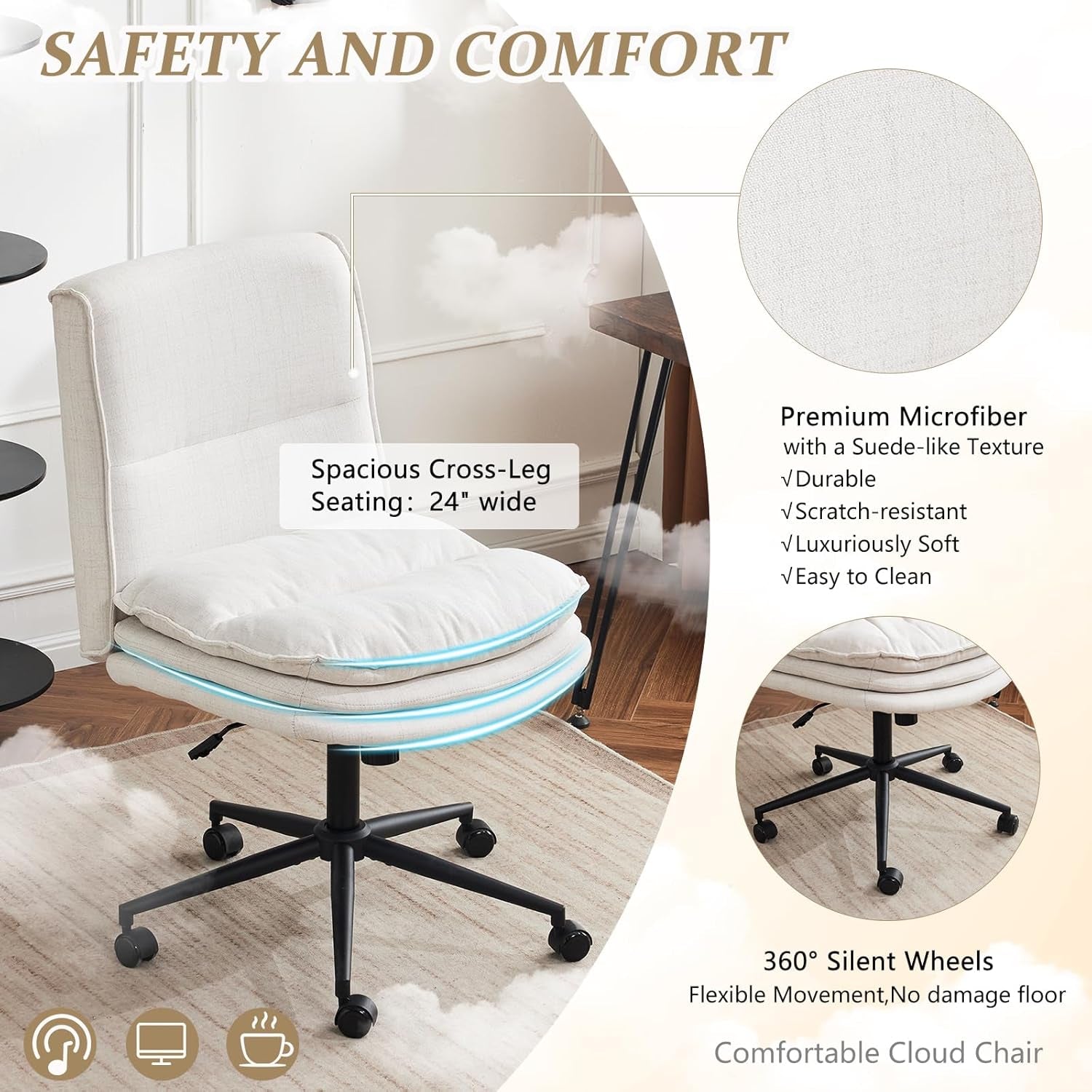 Cloud Criss Cross Legged Chair,18" High Back Armless Home Office Desk Chair with Wheels,Wide Adjustable Comfy Padded Seat Task Computer Chair,Modern Swivel Makeup Vanity Chair,Fabric,Beige-3