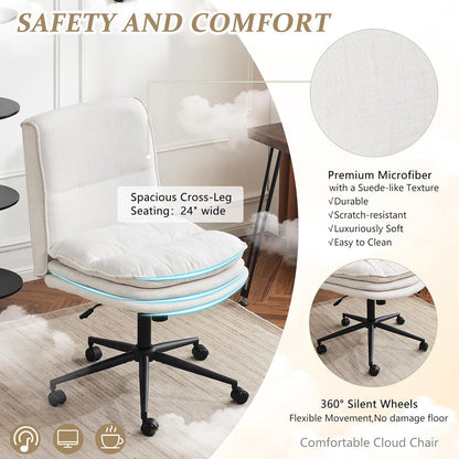 Cloud Criss Cross Legged Chair,18" High Back Armless Home Office Desk Chair with Wheels,Wide Adjustable Comfy Padded Seat Task Computer Chair,Modern Swivel Makeup Vanity Chair,Fabric,Beige-3