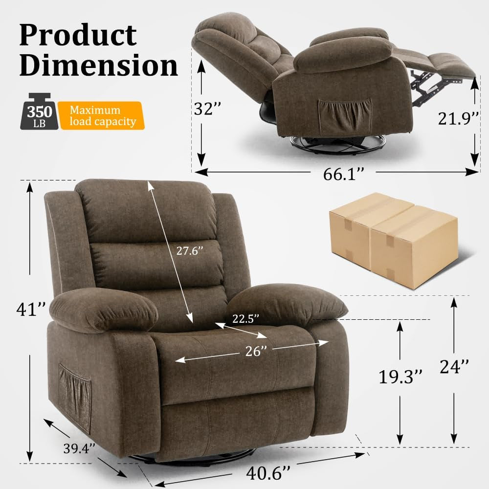 Recliner Chair, Wide Rocker Chair, Rocking Chair with Massage and Heat,360°Swivel Nursery Rocking Chairs, Oversized Recliner for Adults, Cashmere Reclining Sofa for Living Room, Brown-1