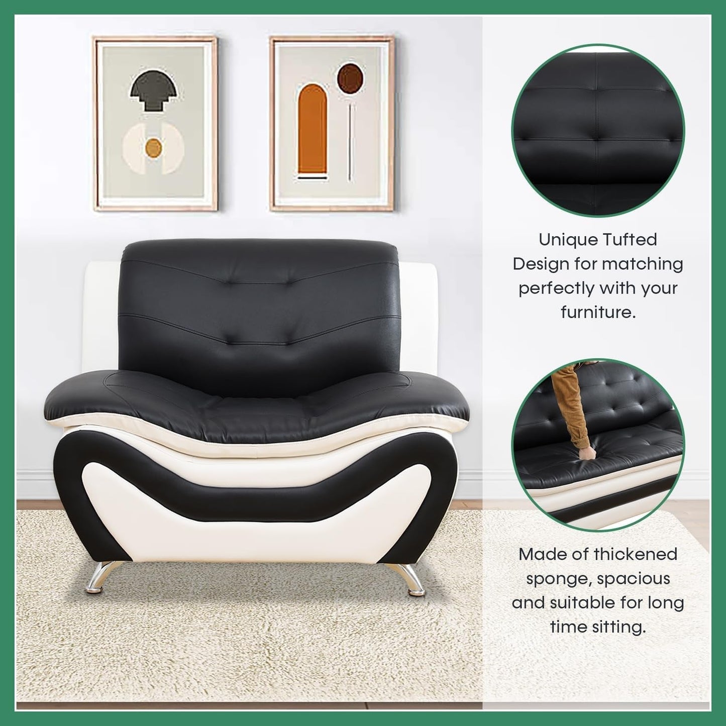 Leather Sofa Set,Leather Sofa Set for Living Room Furniture Sets, Loveseat Sofa with Chair 3-Piece for Living Room/Office/Apartment(Black&White)-3