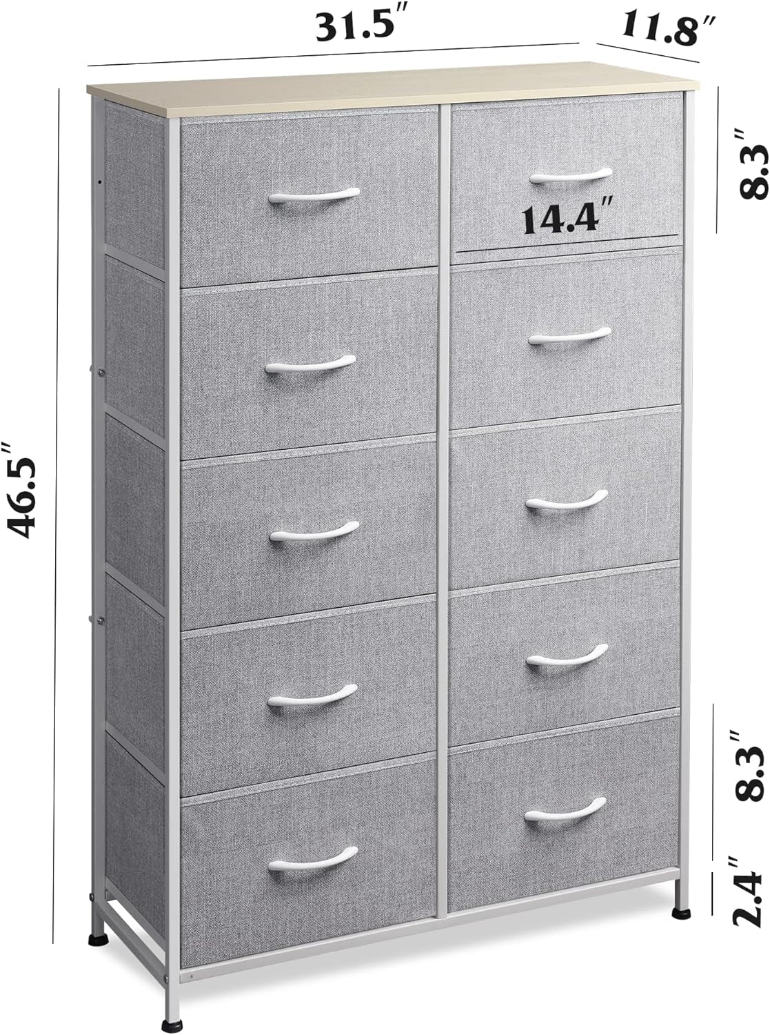 Tall Dresser for Bedroom with 10 Drawers, Chest of Drawers, Dressers Bedroom Furniture, Storage Organizer Unit with Fabric Bins for Closet, Hallway, Living Room, Entryway, Light Grey-2