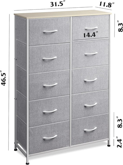Tall Dresser for Bedroom with 10 Drawers, Chest of Drawers, Dressers Bedroom Furniture, Storage Organizer Unit with Fabric Bins for Closet, Hallway, Living Room, Entryway, Light Grey-2