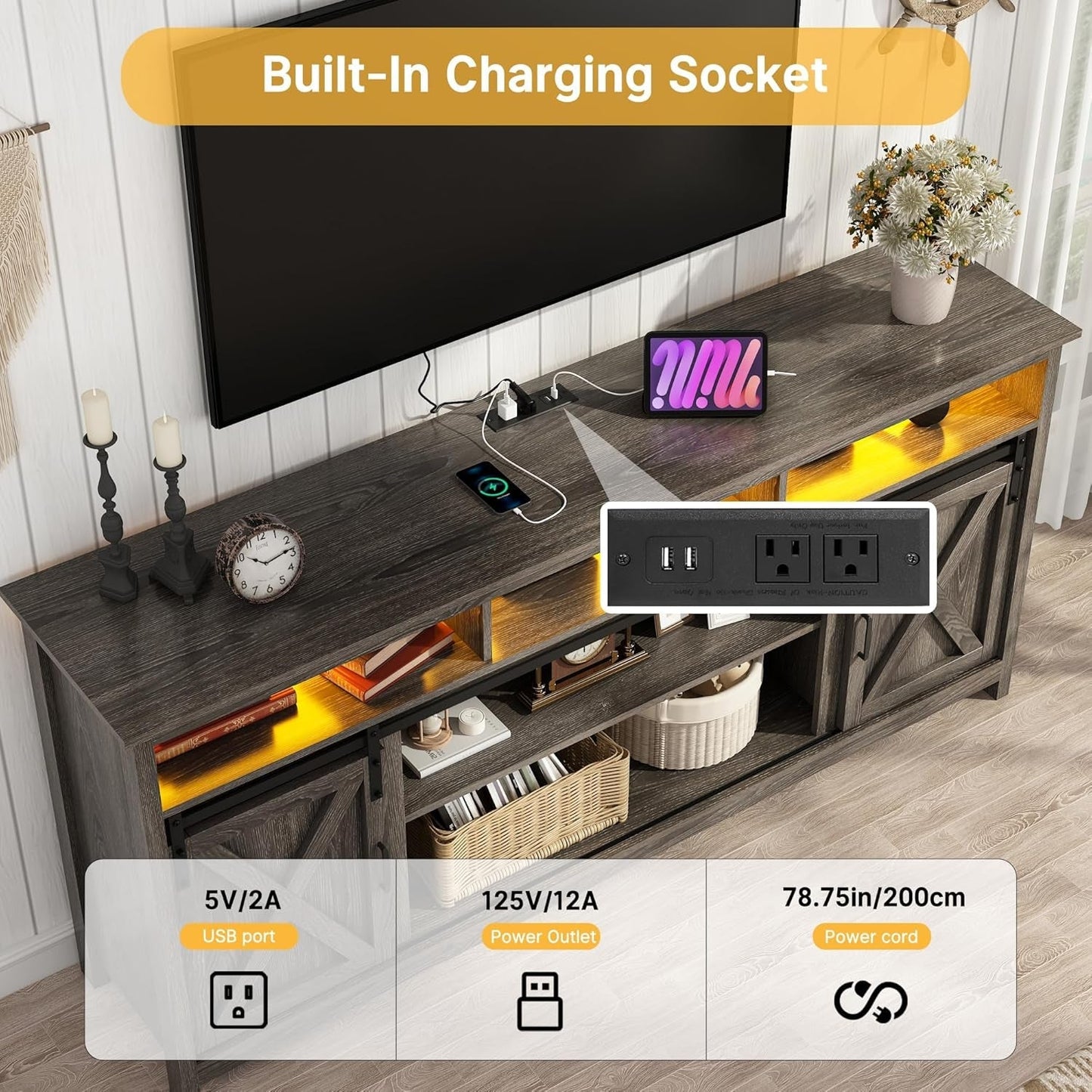 70In Wooden Farmhouse Entertainment Center for 80/75 Inch Tv,Double Layer Storage Farmhouse TV Stand,Double-Row Sockets with Wood Sliding Barn Door TV Stand(Double Layer Grey Wash)-2