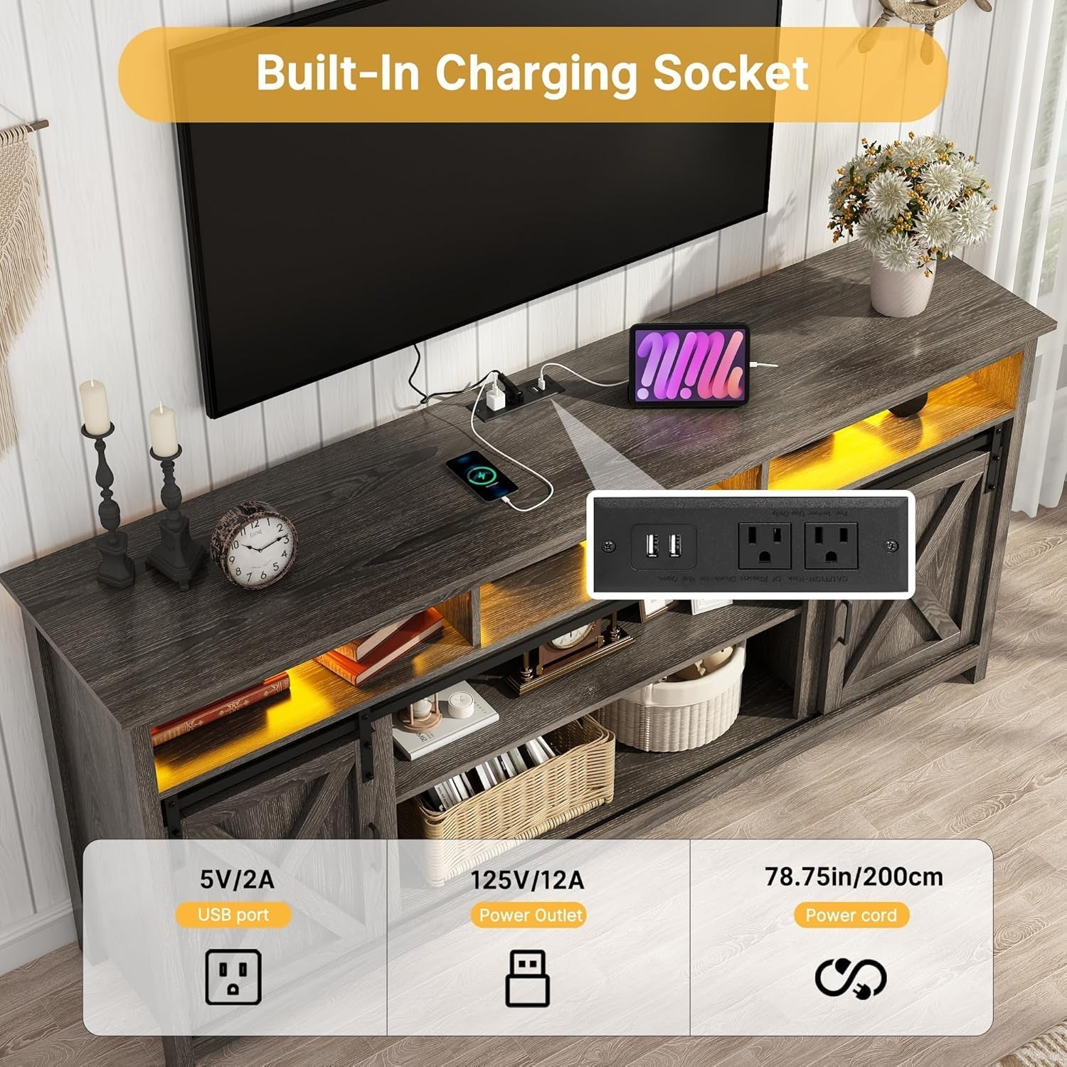 70In Wooden Farmhouse Entertainment Center for 80/75 Inch Tv,Double Layer Storage Farmhouse TV Stand,Double-Row Sockets with Wood Sliding Barn Door TV Stand(Double Layer Grey Wash)-2