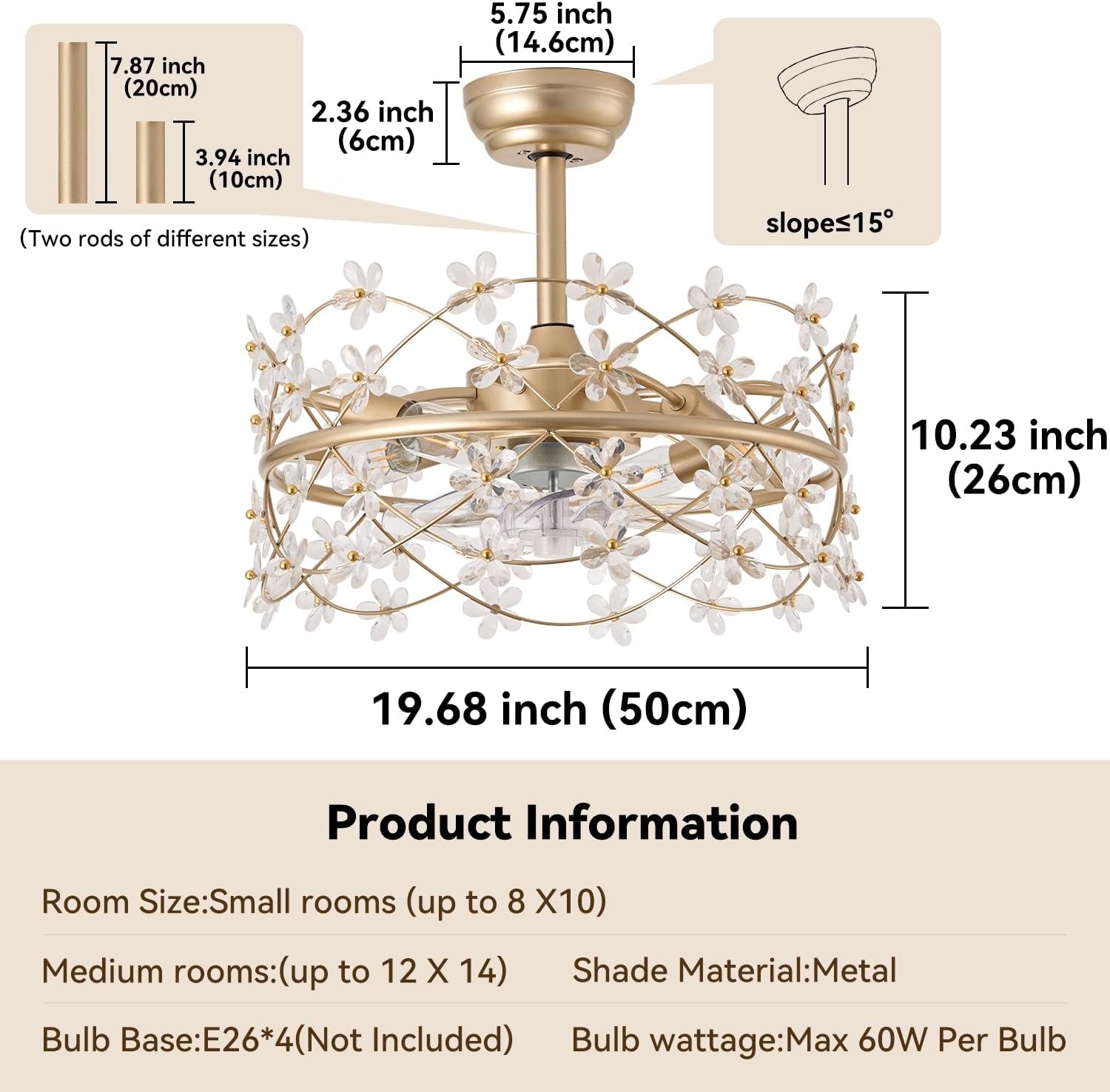 20 Inch Gold Caged Ceiling Fan with Light, Flower Chandelier Ceiling Fan with Lights Remote Control, Modern Crystal Fandelier 6 Speeds for Girl'S Bedroom, Living Room-4