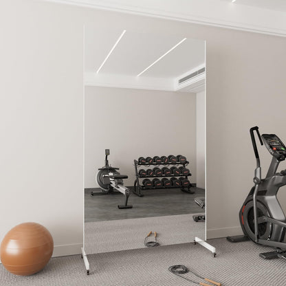 Home Gym Mirror 360° Swivel on Wheels, 79" X 47" Extra Large Full Body Rolling Mirror for Yoga, Nano Film Super Lightweight Unbreakable Full Length Mirror, White-3