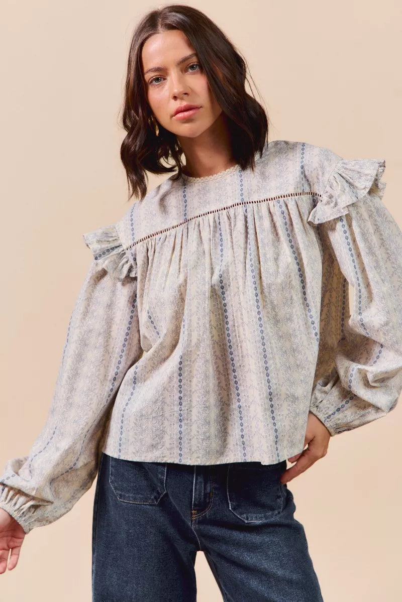 SO ME Floral Cotton Print Ruffled Long Sleeve Blouse