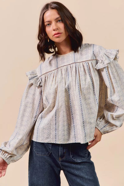 SO ME Floral Cotton Print Ruffled Long Sleeve Blouse