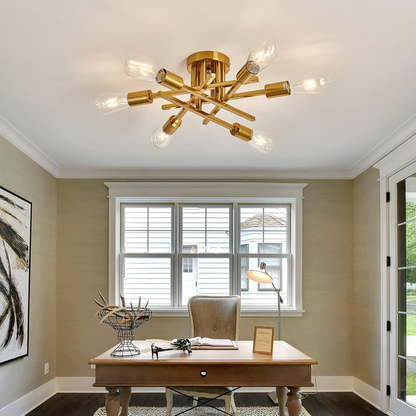 6-Light Gold Sputnik Chandelier Semi Flush Modern-1