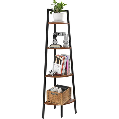 4-Tier Corner Bookshelf with Metal Frame - Ladder Display Shelf for Bedroom and Living Room, Tall Wood Corner Bookcase and Plant Stand-0