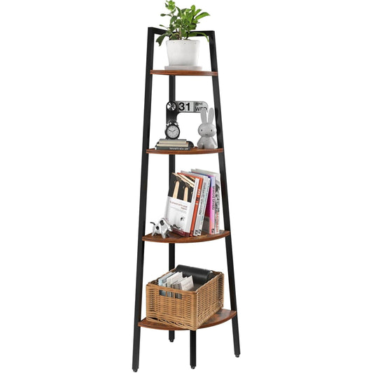 4-Tier Corner Bookshelf with Metal Frame - Ladder Display Shelf for Bedroom and Living Room, Tall Wood Corner Bookcase and Plant Stand-0