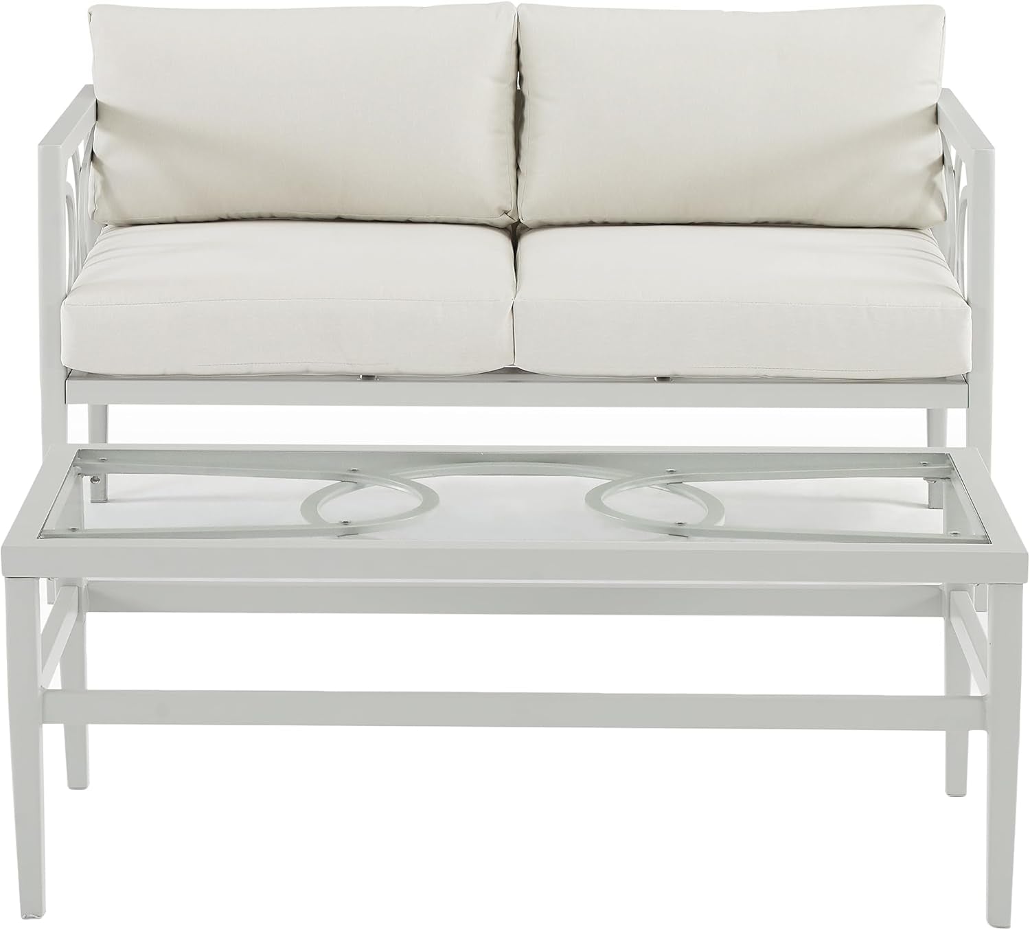 Ashford 2-Piece Outdoor Coffee Table and Loveseat Patio Furniture Set for Porch, Deck, Gray with Creme Cushions-1