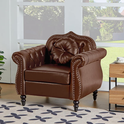 2 Piece Living Room Set, Mid-Century Modern Upholstered Chesterfield Chair Loveseat with Tufted Button and Pillows, Upholstered PU Leather Sofa Couch for Living Room, Office, Brown-3
