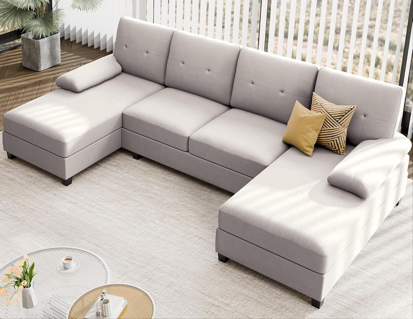 Sectional Sofa Couches for Living Room, U Shaped Sofa Living Room Furniture Sets, 4 Seat U Shaped Sofa Sectional Couch with Chaise, Beige-0