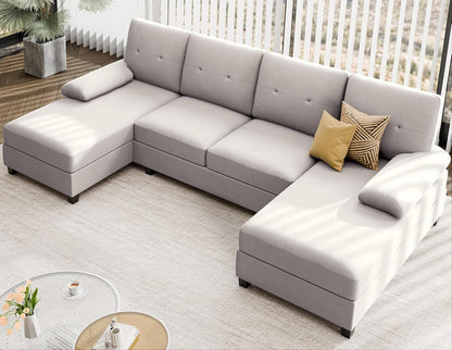 Sectional Sofa Couches for Living Room, U Shaped Sofa Living Room Furniture Sets, 4 Seat U Shaped Sofa Sectional Couch with Chaise, Beige-0