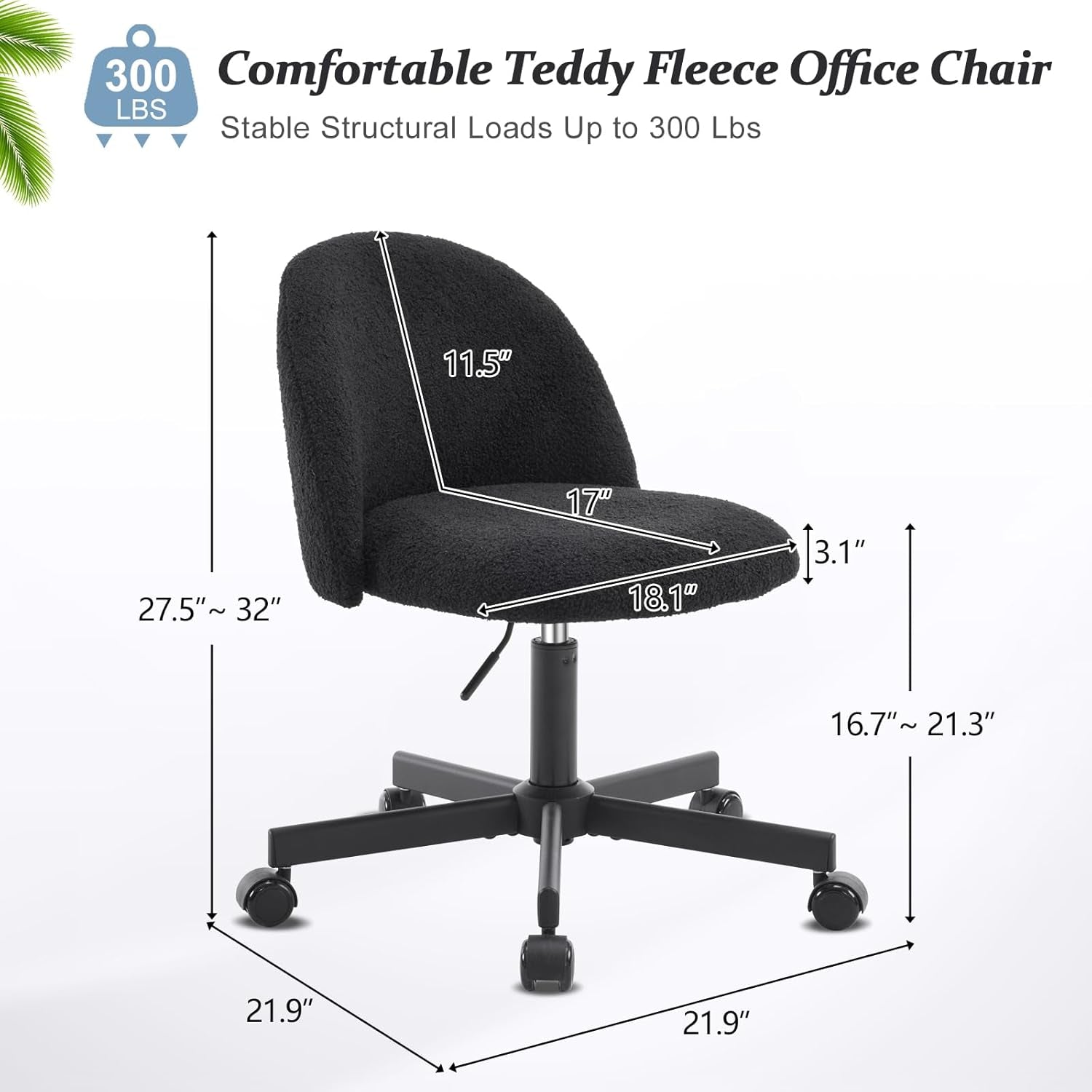 Candy Chair Armless Cute Desk Chair,Comfy Small Office Chair with Wheels,Vanity Chair with Lumbar Support,Teddy Adjustable Rolling Swivel Computer Task Chair for Home Office,Bedroom,Jet Black-1