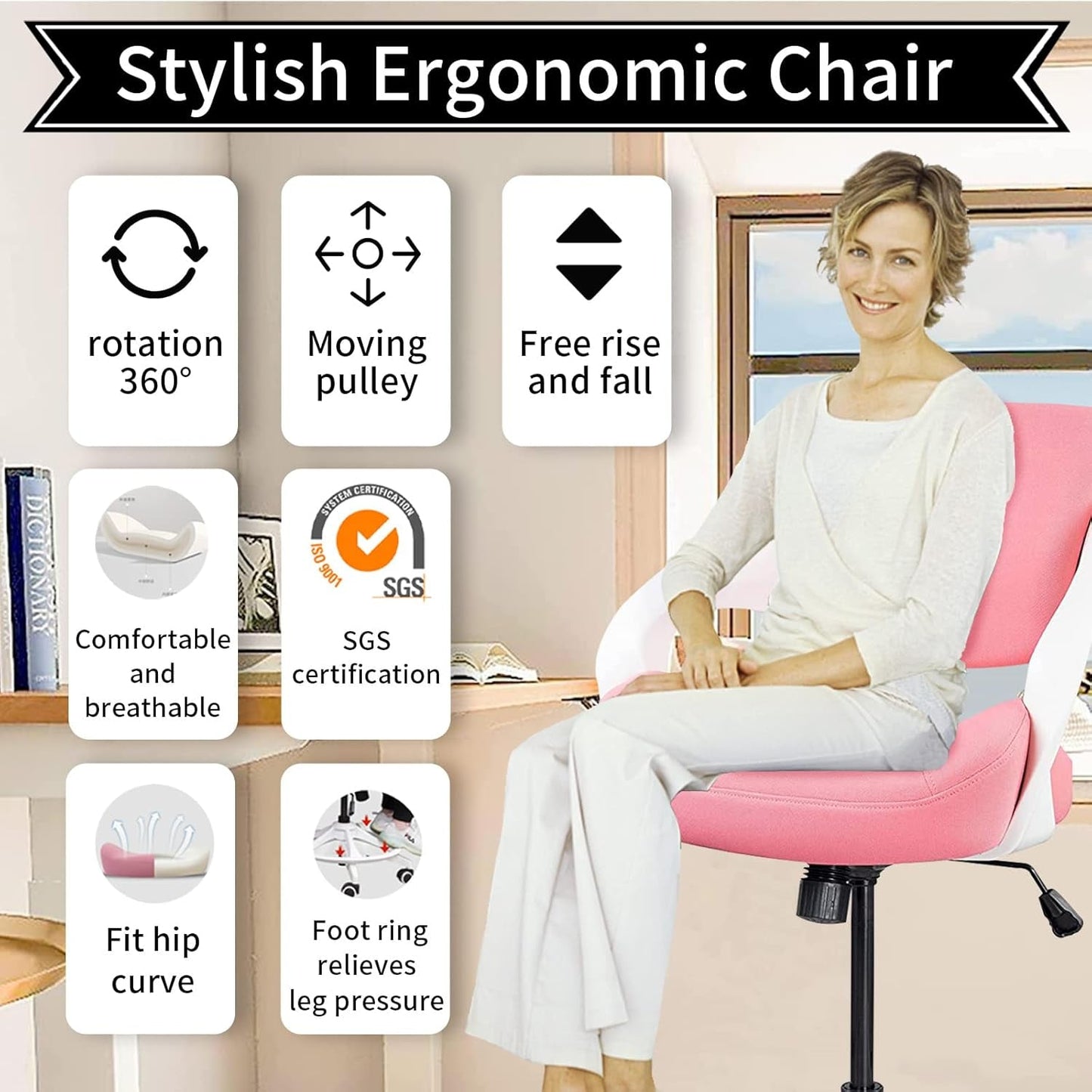 Ergonomic Drafting Chair,Standing Computer Desk Chair,Foot Ring,Lumbar Support,Swivel Task Chair-Pink-1