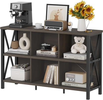 Rustic 6 Cube Storage Organizer with Shelf, Wood and Metal Cubby Bookcase, Industrial Horizontal Bookshelf for Living Room, Office (Walnut Brown, 47 Inch)-0