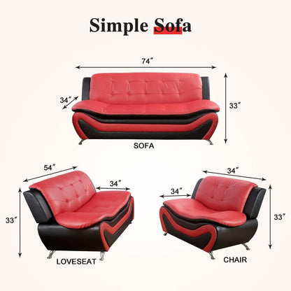 Living Room Furniture Set, Faux Leather Sofa Couch Set, 3 Pieces Modern Sofa Set for Living Room/Apartment/Office (Black&Red)-4