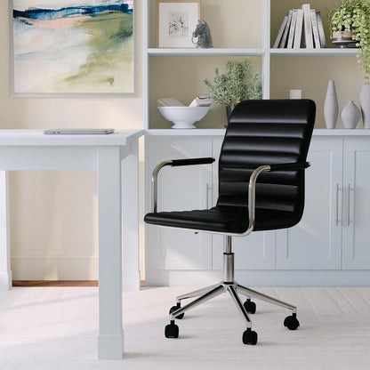 Taytum Swivel Task Chair with Armrests for Home Office in Black Faux Leather with Polished Nickel Frame-1