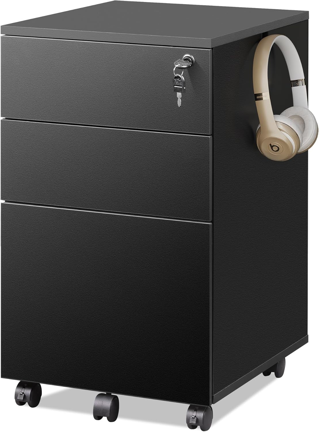 3 Drawer File Cabinet with Lock, Small Rolling Filing Cabinet under Desk, Wood Office Drawers Fits Letter/Legal/A4 Size Folders, Black-0