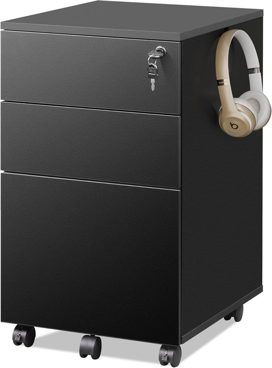 3 Drawer File Cabinet with Lock, Small Rolling Filing Cabinet under Desk, Wood Office Drawers Fits Letter/Legal/A4 Size Folders, Black-0