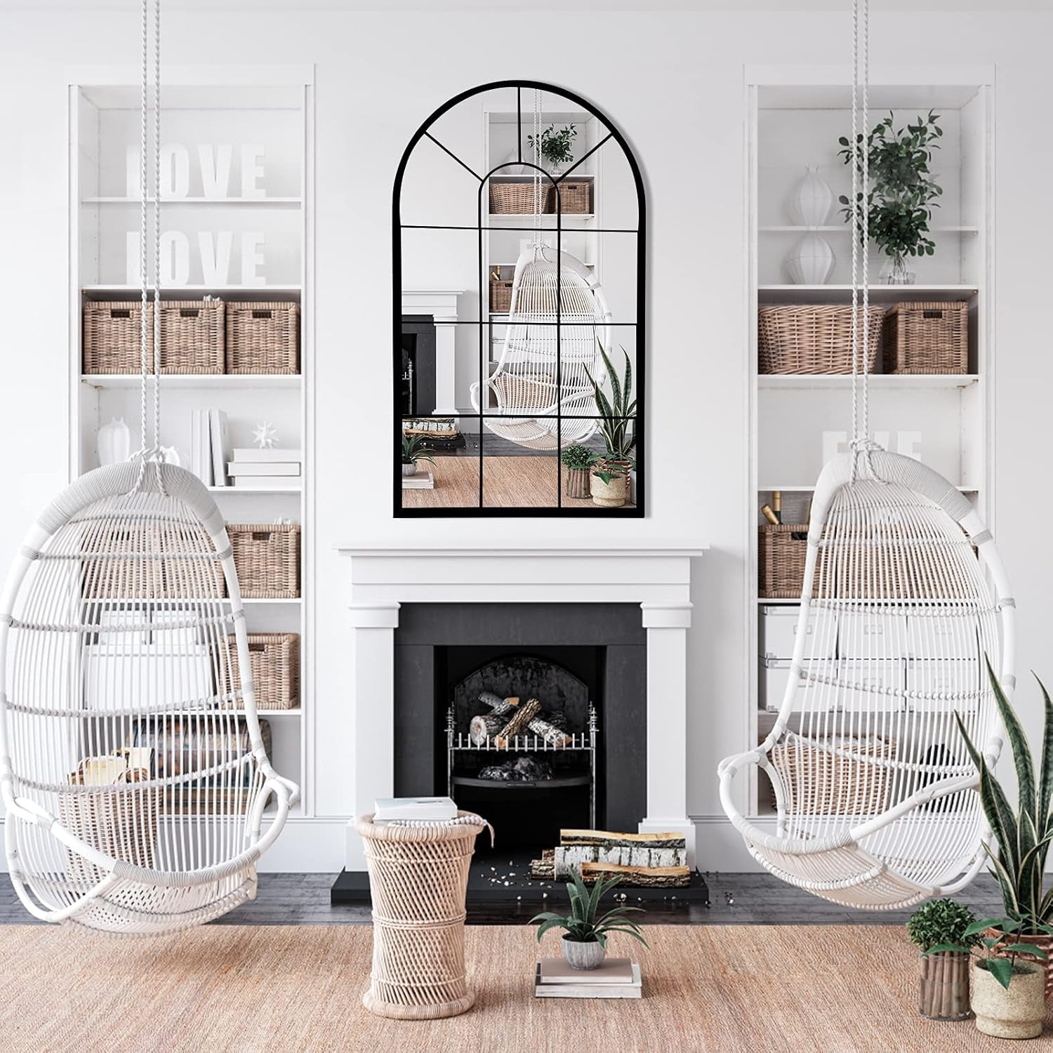 Wall Mirror Window Decorative Mirrors Arched Farmhouse for Living Room Bedroom Entryway Bathroom Vanity (Black,41.3”X 24” X1”)-1