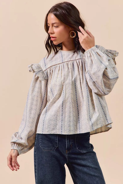 SO ME Floral Cotton Print Ruffled Long Sleeve Blouse