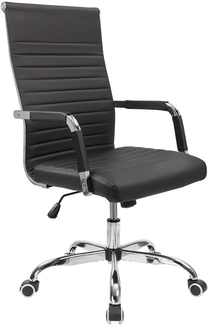 Ribbed Office Desk Chair Mid-Back PU Leather Executive Conference Task Chair Adjustable Swivel Chair with Arms (Black)-0