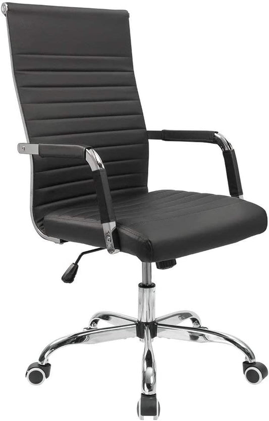 Ribbed Office Desk Chair Mid-Back PU Leather Executive Conference Task Chair Adjustable Swivel Chair with Arms (Black)-0