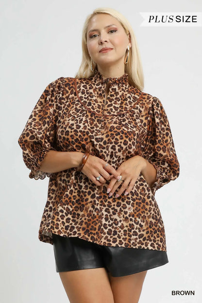 Umgee Full Size Leopard Print Ruffle Neck Blouse Plus Size