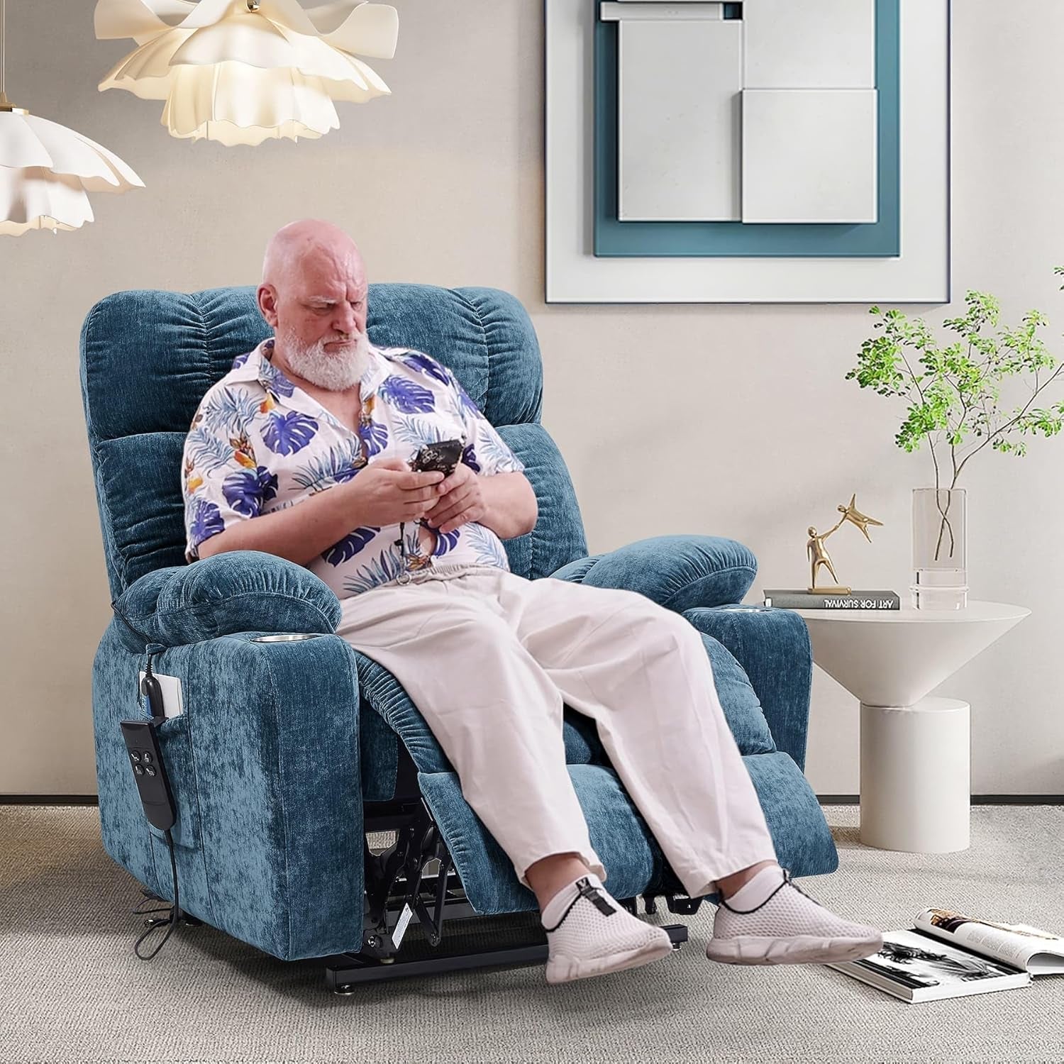 Lay Flat Sleeping Lift Recliner Chair with Heat Vabriation Massage for Elderly,Infinite Position Soft Fabric Power Electric Recliner Sofa Chair with Dual OKIN Motor for Living Room Blue Fabric-1