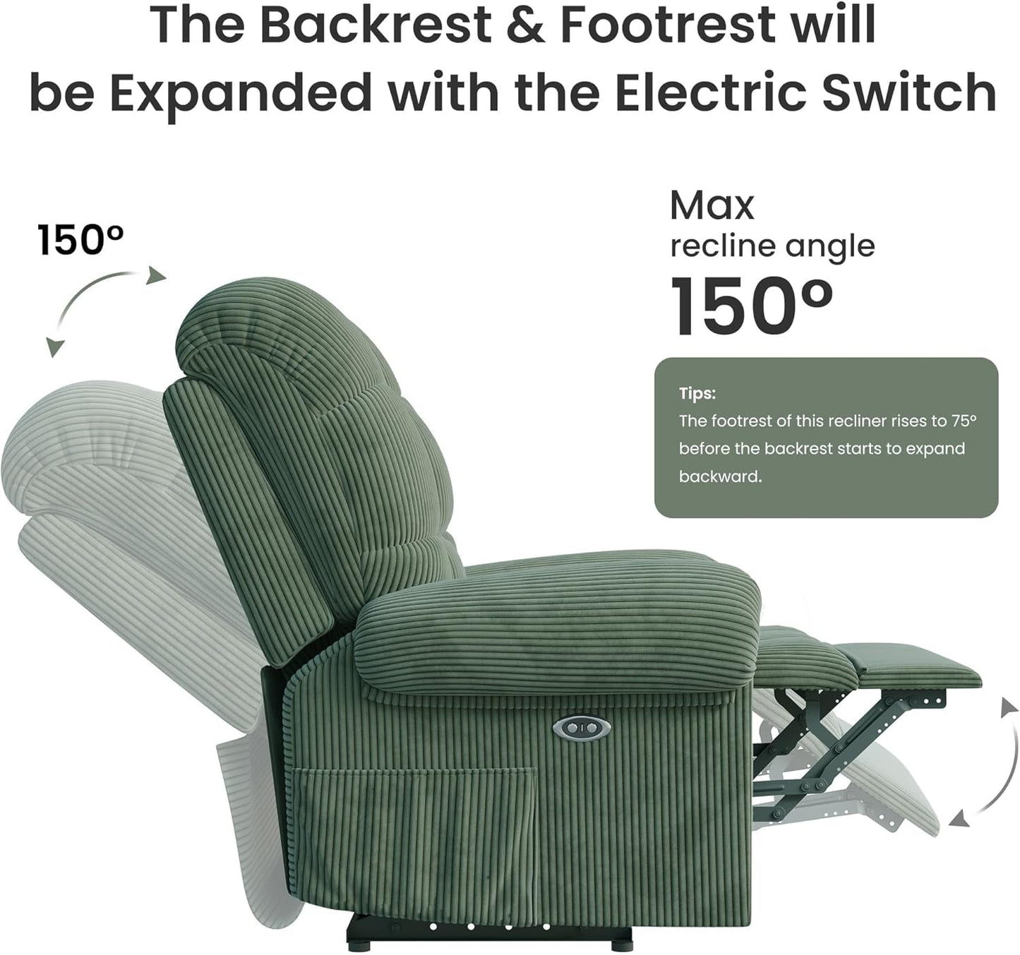 Upgraded 2024 New Power Recliner Chair for Adults, Adjustable Electric Chair Power Reclining Sofa, USB Port, Ultra-Comfy Corduroy Recliner for Living Room, Tool-Less Assembly Single Sofa Green-4