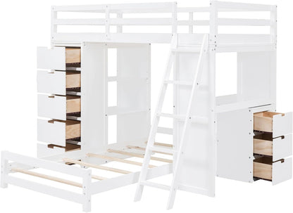 Modern Twin Wood Bunk Bed with LED Light and USB Ports, Storage Bunk Bed with Desk, Ladder for Bedroom, Dorm,Appartment Space-Saving White-3